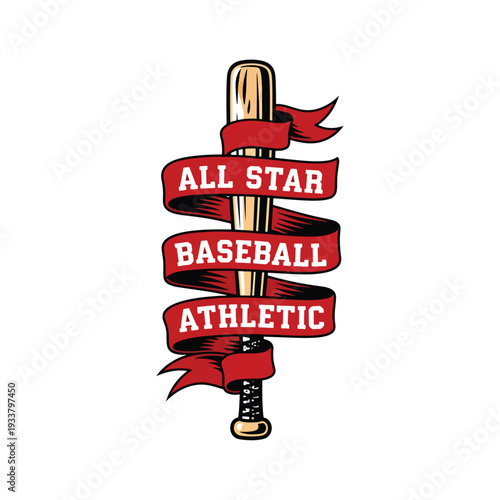 All-star baseball athletic emblem design with bat and ribbon, ideal for sports events and team branding.