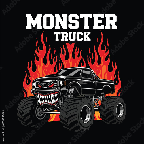 Fiery extreme monster truck illustration with an aggressive design and powerful wheels on a dark background