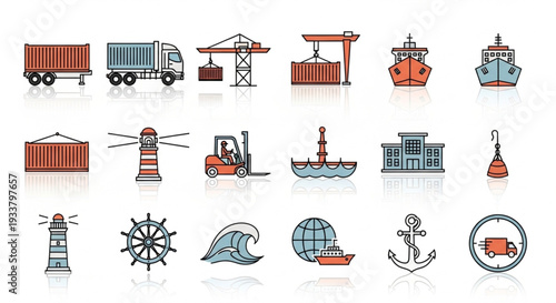 Collection of shipping and transportation icons and symbols.