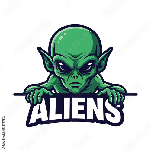 Serious Green Alien Character Mascot Design with Text Banner for Science Fiction