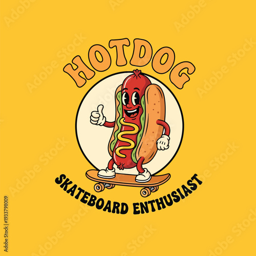 Playful retro cartoon hotdog character skateboarding with a thumbs up gesture, fun graphic design