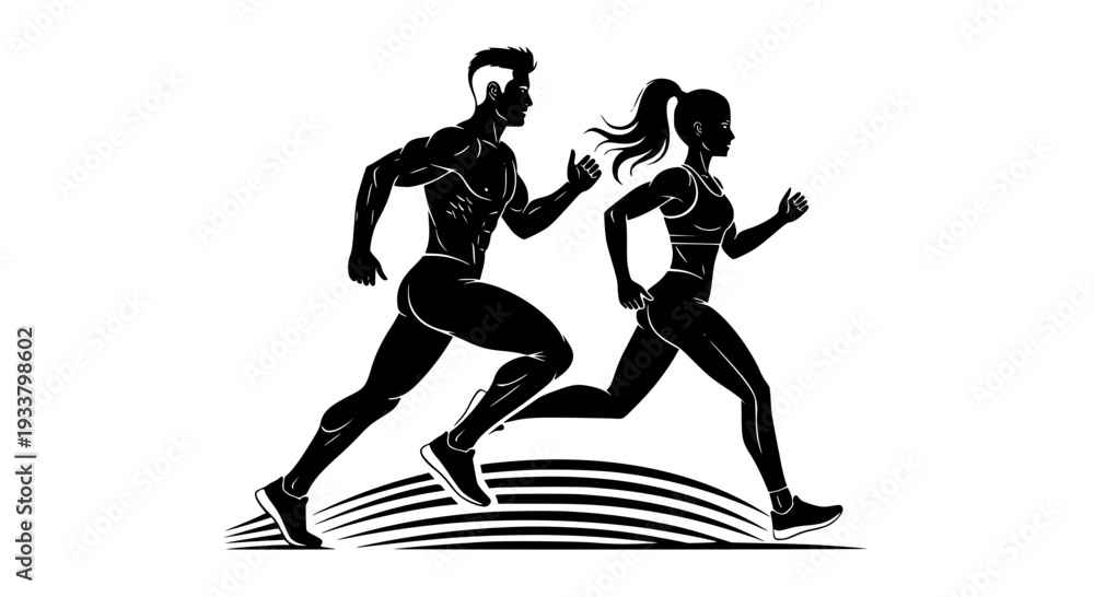 Fototapeta premium Running man and woman, isolated vector silhouettes. Run, side view. Silhouettes of athletic looking male and female runners running. Transparent background SVG version.