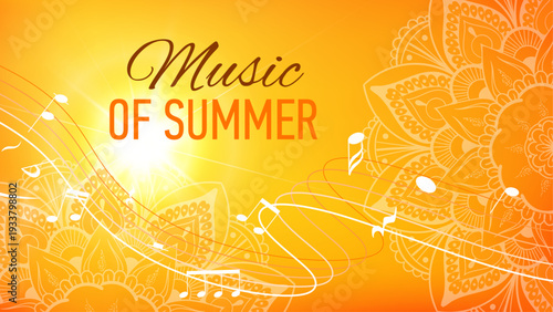 Abstract summer music banner with bright beam light, beautiful mandala, treble clef, musical notes and curved staff ribbon. Soft light, harmony and creativity concept.