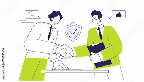 Two businessmen shaking hands in a secure online environment with a shield