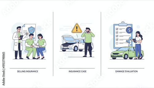 People selling insurance, talking on phone, and evaluating car damage in a city