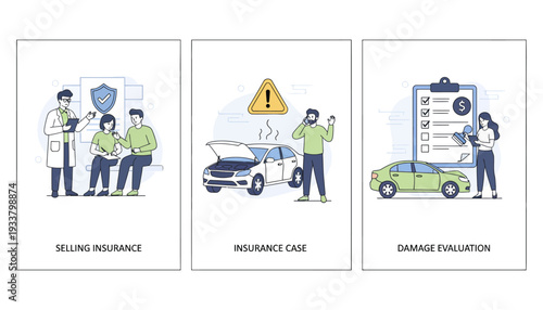 Insurance agents evaluate vehicle damage and discuss case details with clients