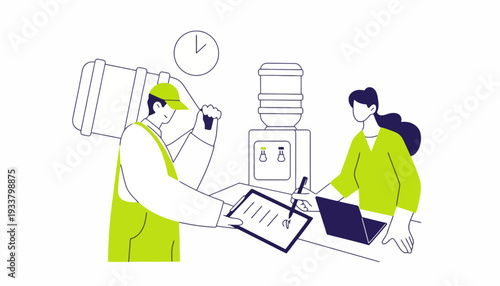 A worker in a green vest talks on phone while colleague works on laptop at water cooler