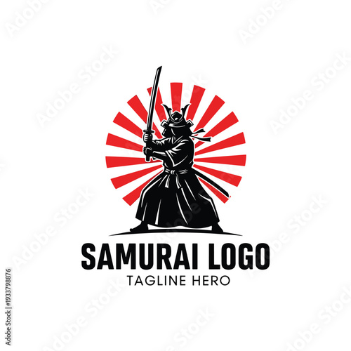 Dynamic Armored Warrior Illustration Wielding a Katana Against a Rising Sun Emblem Background, Symbolic Hero Graphic