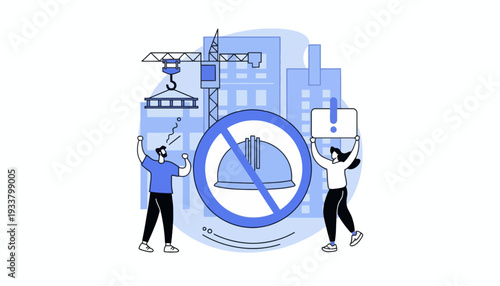 Two workers protest construction site with sign and banner downtown