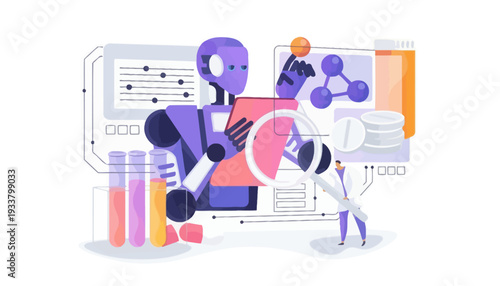 Robot analyzes data on screen with scientist in lab setting with graphs