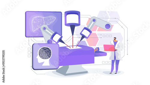 Robotic surgery team operates on patient with advanced medical equipment in hospital