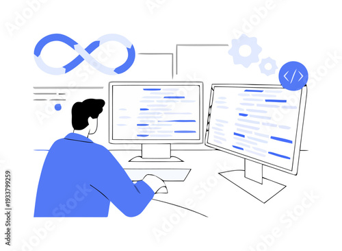 A man works on a computer with coding on dual monitors in an office.