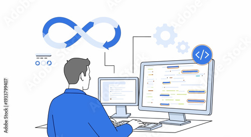 A man works on computers with coding symbols and gears
