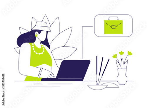 Woman working on laptop with email notification and flowers on desk