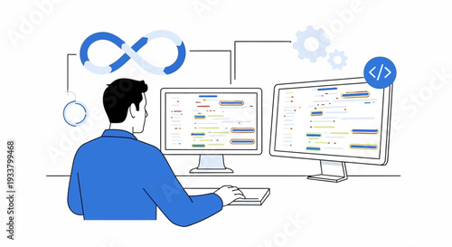 Man sitting at desk with dual computer monitors coding