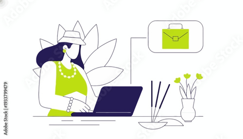 Woman sits at desk working on laptop with mail icon and flowers nearby indoors