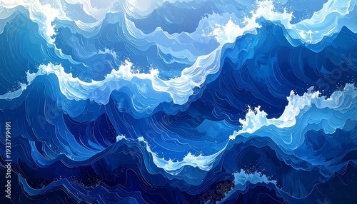 Wallpaper Mural A stylized illustration depicting a vast, churning ocean. Dynamic waves, in shades of blue and white, crest and tumble Torontodigital.ca