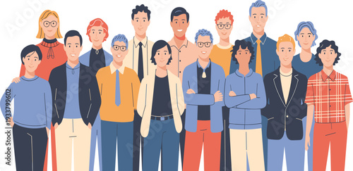 Large Group of Diverse People Characters Standing Together with Various Outfits and Expressive Faces Vector Illustration