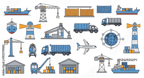 Collection of shipping and logistics icons and illustrations.