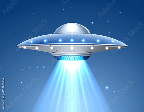 Wallpaper Mural A stylized illustration depicts a silver and blue flying saucer against a dark blue, star-studded sky, emitting a brilliant beam of light Torontodigital.ca