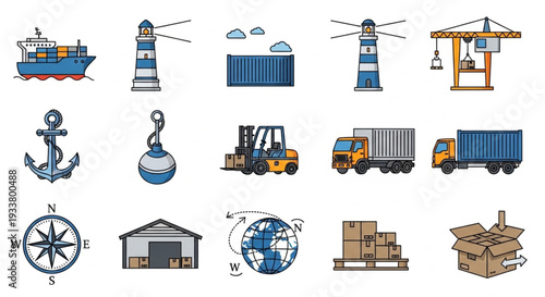 Collection of shipping and logistics icons for industry and transport.