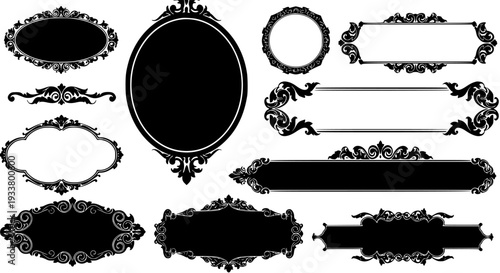 Set of elegant vintage ornamental frames, borders, and labels with baroque scrollwork in black and white, ideal for design elements and graphic decoration.