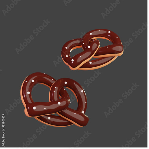 Two delicious chocolate-covered pretzels with white sprinkles, rendered in a realistic 3D style, isolated on a dark gray background, perfect for snack food promotions.