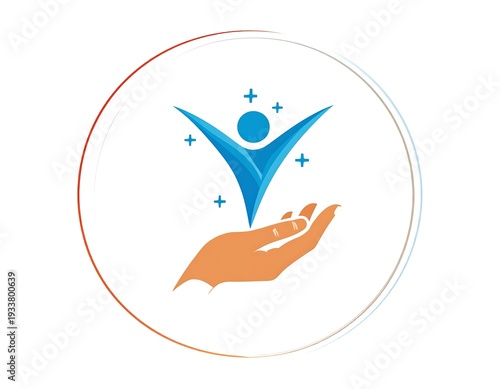 Wallpaper Mural A stylized illustration features a vibrant blue figure with outstretched arms above an orange hand, encircled within a gradient Torontodigital.ca