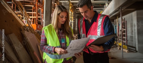 Construction workers reviewing blueprints in a building site