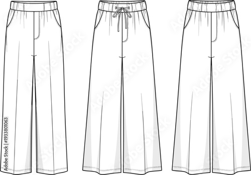 White wide leg trousers vector technical flat sketch template featuring elastic waistband with drawstring for women's fashion design and tech packs.