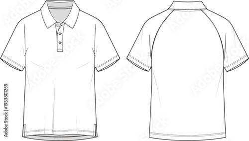 White short sleeve raglan polo shirt vector technical flat sketch template with collar and button placket for sportswear design and corporate apparel tech packs.