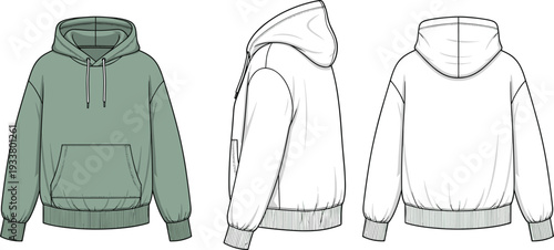 Sage green and white oversized hoodie vector technical flat sketch template featuring front side and back views for fashion designers and clothing brand manufacturing.