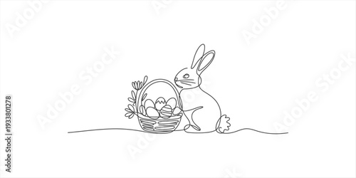 Hand drawn line art illustration of a cute easter bunny sitting next to a basket of eggs