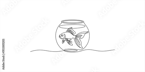Black and white line art of a goldfish swimming in a circular fishbowl on a simple flat surface.