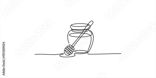 Continuous line drawing of a honey jar and a wooden honey dipper on a white background.