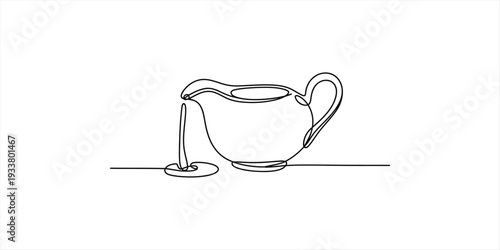 Continuous line drawing of a classic teapot pouring liquid onto a flat surface in a minimalist style.