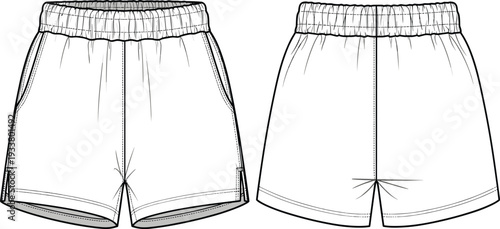 Technical flat sketch of men's basic athletic shorts vector template featuring elastic waistband and side pockets in front and back views.