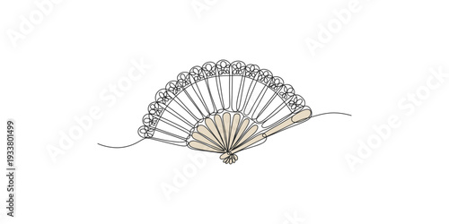 A delicate hand-drawn illustration of an ornate folding fan with intricate lace patterns.
