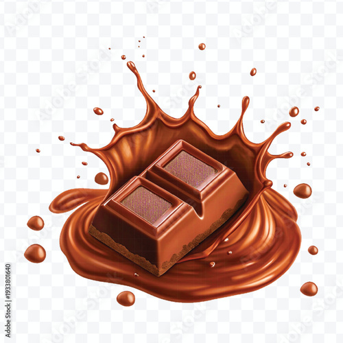 realistic 3d piece of chocolate with liquid chocolate splash in different style isolated on transparent background	
