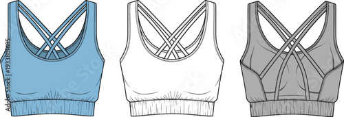 Technical flat sketch of women's cross back sports bra vector template featuring a wide elastic underband and strappy back details.