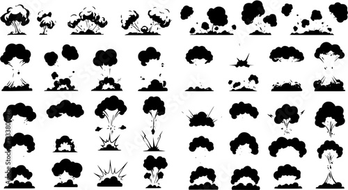 Explosion silhouette set. Cartoon bomb blast and smoke cloud effects. Black and white vector icons for comic animation or game design.