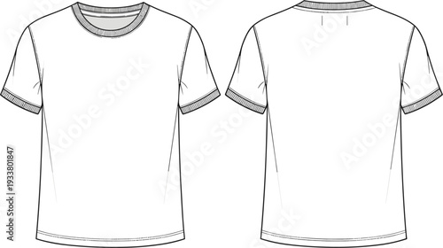 Blank ringer t-shirt technical sketch template with front and back views featuring contrast collar and sleeve bands for fashion design.