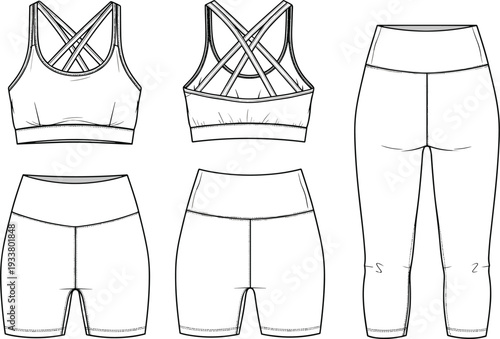 Technical flat sketch of women's activewear set vector template featuring cross back sports bra yoga leggings and biker shorts for fashion design.