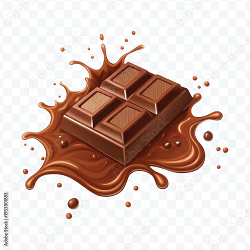 realistic 3d piece of chocolate with liquid chocolate splash in different style isolated on transparent background	
