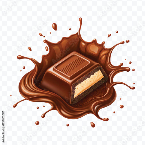 realistic 3d piece of chocolate with liquid chocolate splash in different style isolated on transparent background	