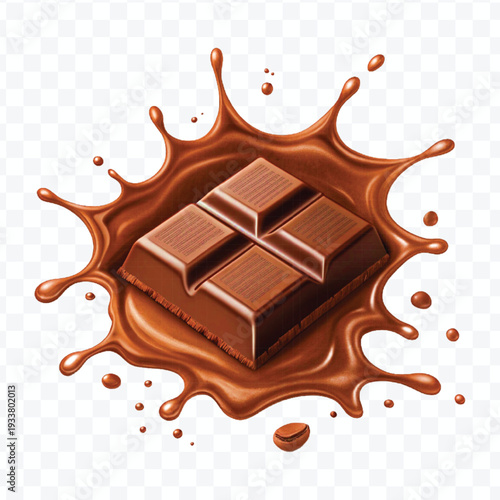 realistic 3d piece of chocolate with liquid chocolate splash in different style isolated on transparent background	