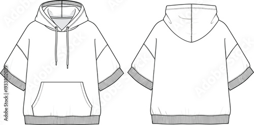 Technical flat sketch of oversized short sleeve hooded sweatshirt featuring kangaroo pocket drawstring hood and ribbed hem with front and back views for fashion design.