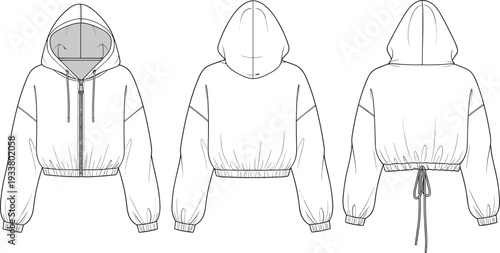 Technical fashion flat sketch of women cropped zip up hoodie vector illustration with drawstring back detail and elastic cuffs for streetwear apparel design template.