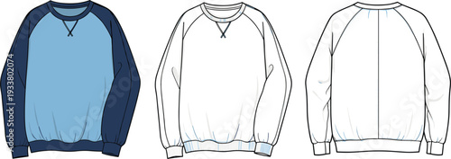 Technical flat sketch of raglan sleeve sweatshirt featuring crew neck with V-stitch detail and ribbed cuffs with front and back views for fashion apparel design.