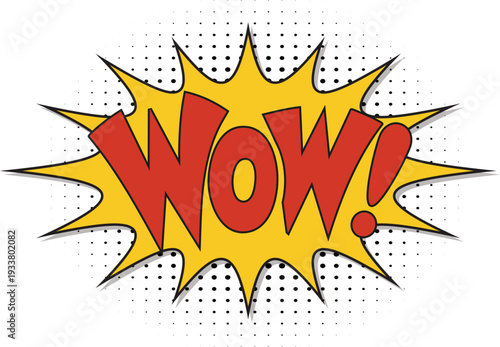 Red Wow Comic Book Pop Art Speech Bubble Explosion Icon with Retro Halftone Dots and Vintage Cartoon Style Vector Graphic